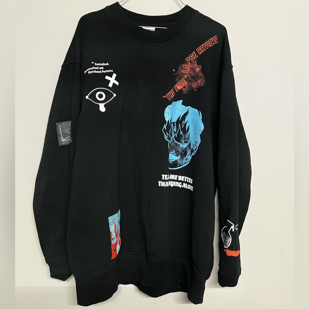 Zara Men Black Long Sleeve Graphic Crewneck Sweater